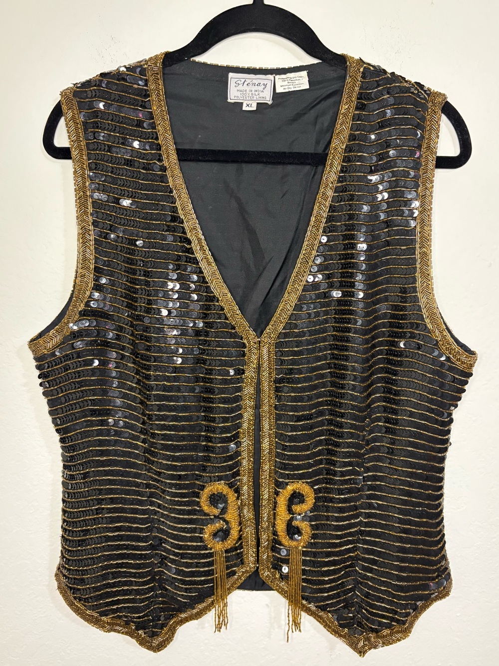 Vintage Stenay Black Sequin Beaded 100% Silk Vest with Gold Trim size XL